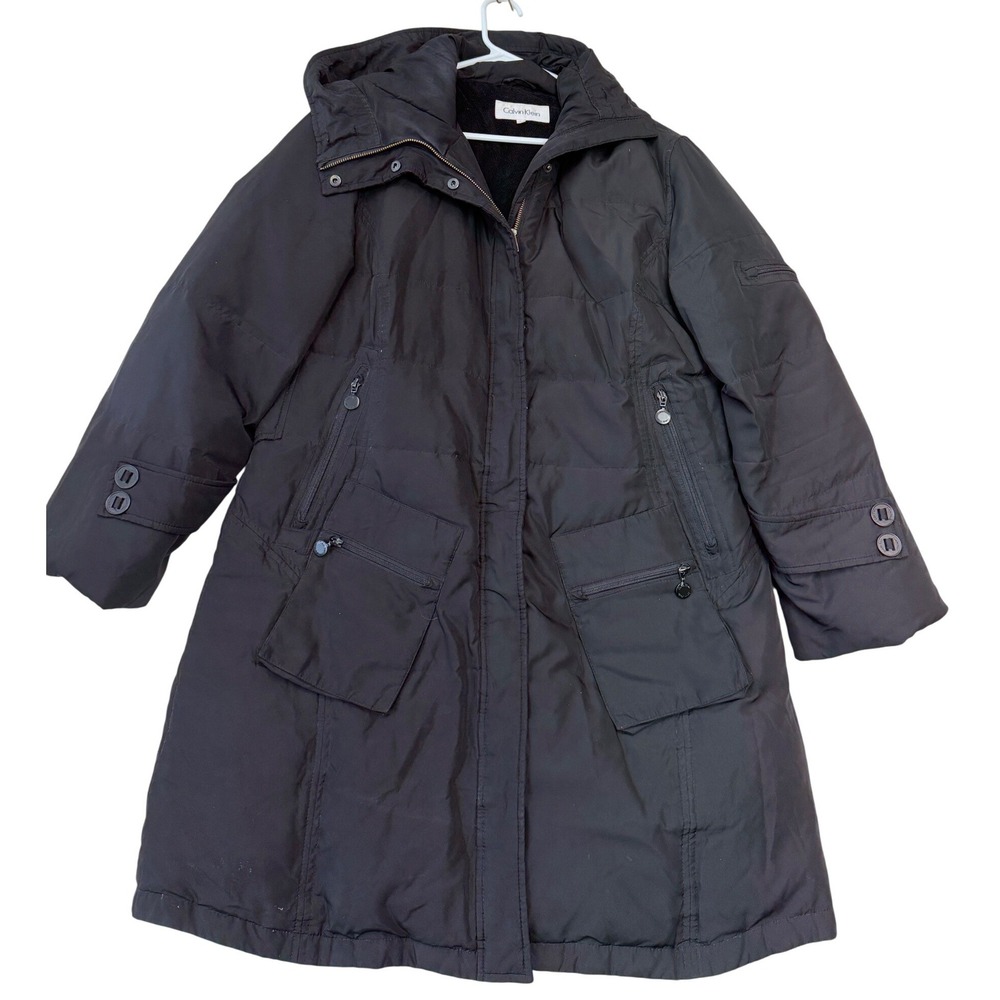 Calvin Klein Womens Black Down Hooded Puffer Coat Jacket XL RN 54163